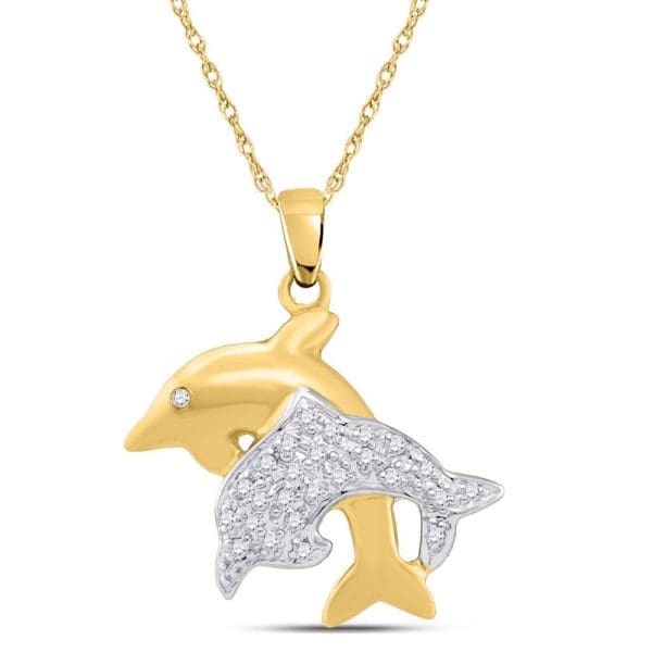 10kt Yellow Gold  Round Diamond Double Dolphin Fish Animal Pendant 1/8 Cttw