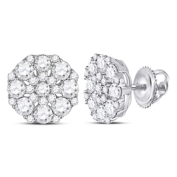 14kt White Gold  Round Diamond Octagon Cluster Earrings 1-1/2 Cttw