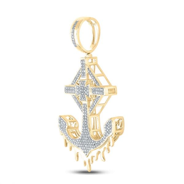 10kt Yellow Gold His Round Diamond Anchor Cross Charm Pendant 1/2 Cttw - Image 2