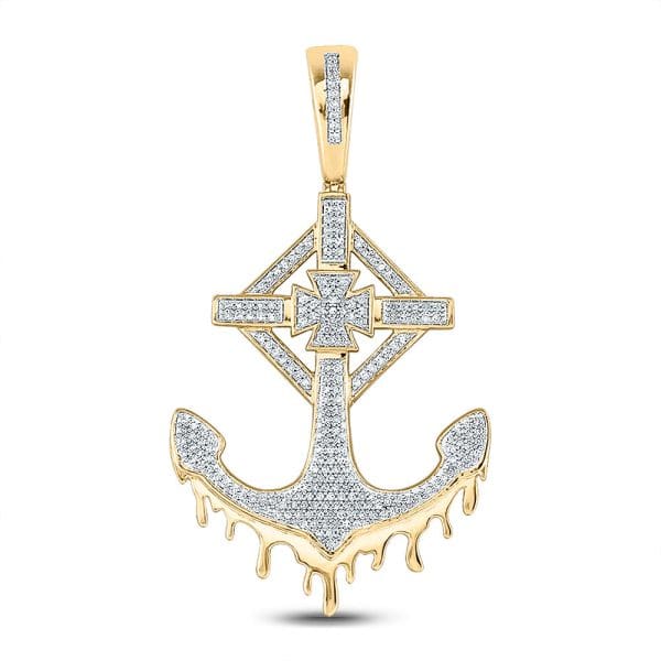 10kt Yellow Gold His Round Diamond Anchor Cross Charm Pendant 1/2 Cttw