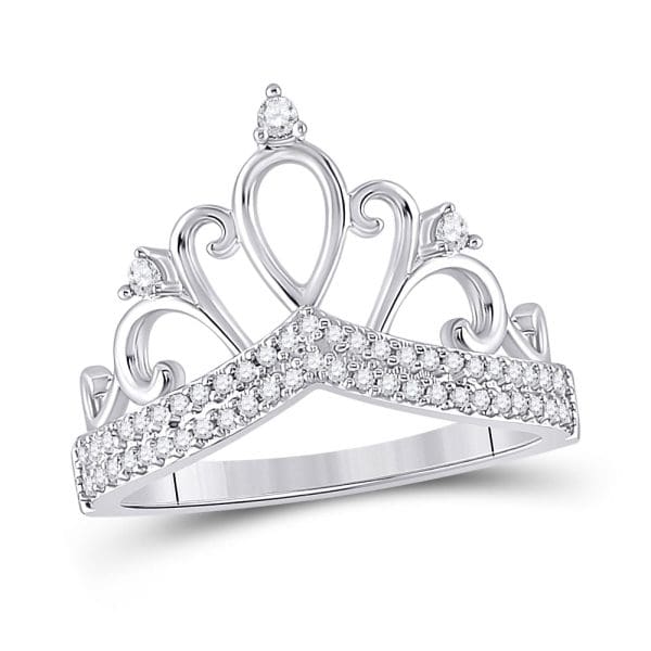 10kt White Gold  Round Diamond Crown Tiara Fashion Ring 1/5 Cttw