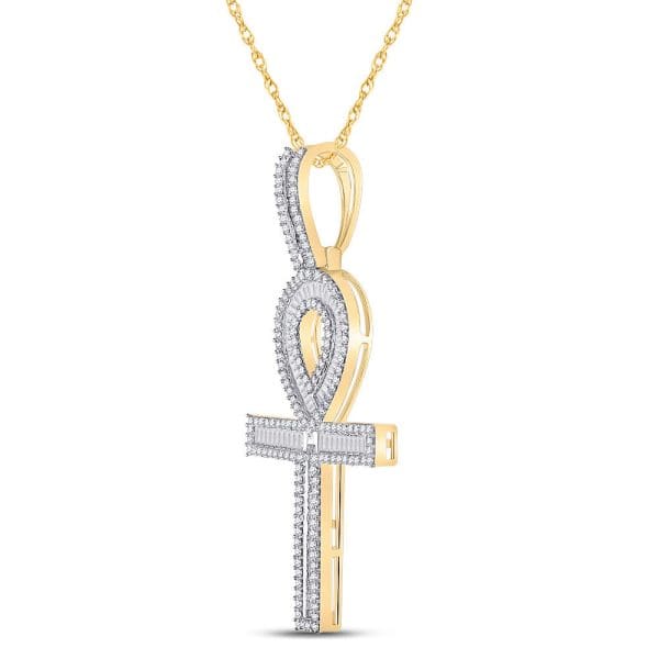10kt Yellow Gold His Baguette Diamond Ankh Cross Charm Pendant 1-1/2 Cttw - Image 2