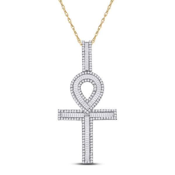 10kt Yellow Gold His Baguette Diamond Ankh Cross Charm Pendant 1-1/2 Cttw