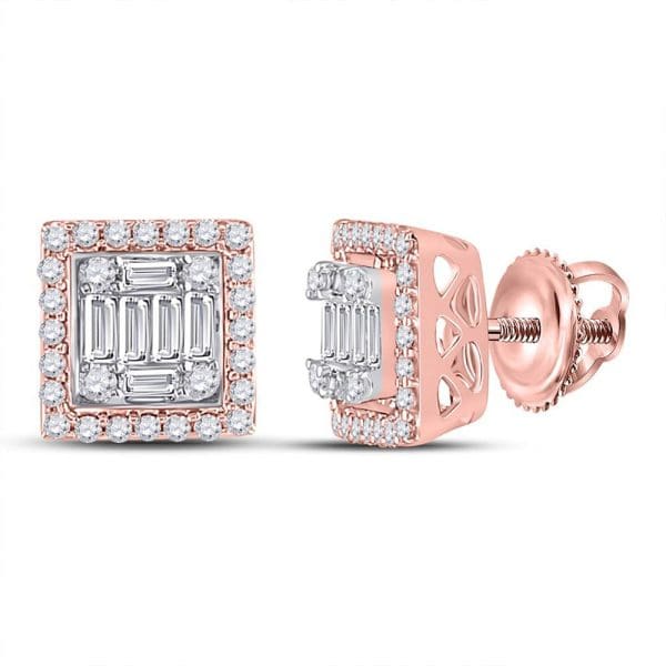 14kt Rose Gold  Baguette Diamond Square Cluster Earrings 3/8 Cttw