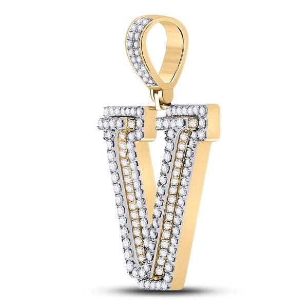 10kt Yellow Gold His Round Diamond Letter V Charm Pendant 1-3/4 Cttw - Image 2