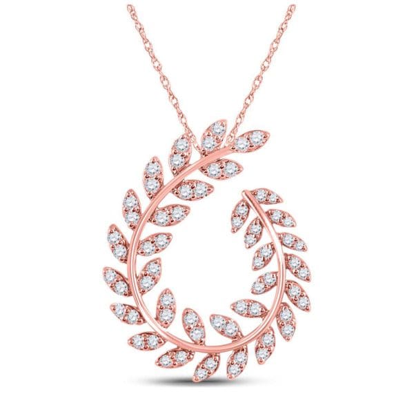 Round Diamond Vine Leaf Fashion Pendant - 14K Rose Gold - Diamond Leaf Pendant