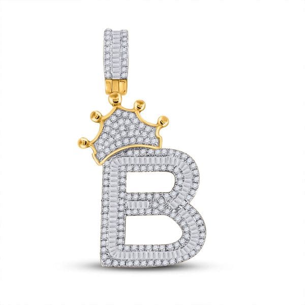 10kt Yellow Gold His Round Diamond Crown B Letter Charm Pendant 1 Cttw