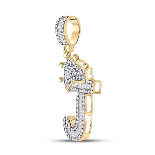 10kt Yellow Gold His Baguette Diamond Crown J Letter Charm Pendant 1/2 Cttw - Image 2