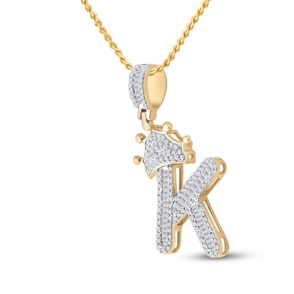 10kt Yellow Gold His Baguette Diamond Crown K Letter Charm Pendant 5/8 Cttw - Image 2