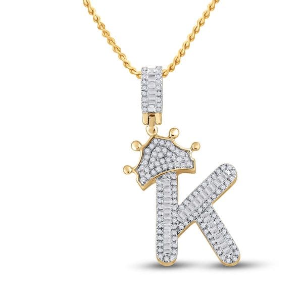 10kt Yellow Gold His Baguette Diamond Crown K Letter Charm Pendant 5/8 Cttw