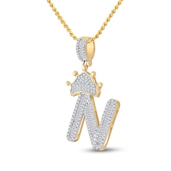 10kt Yellow Gold His Baguette Diamond Crown N Letter Charm Pendant 3/4 Cttw - Image 2