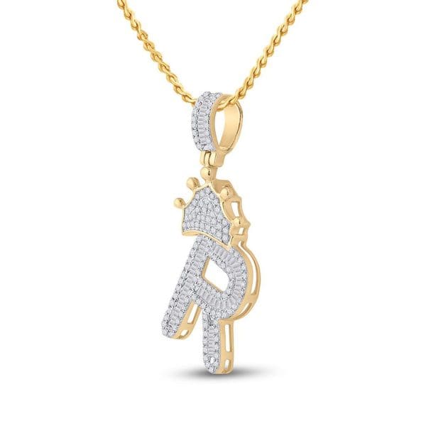 10kt Yellow Gold His Baguette Diamond Crown R Letter Charm Pendant 3/4 Cttw - Image 2