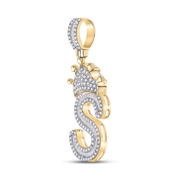 10kt Yellow Gold His Baguette Diamond Crown S Letter Charm Pendant 3/4 Cttw - Image 2