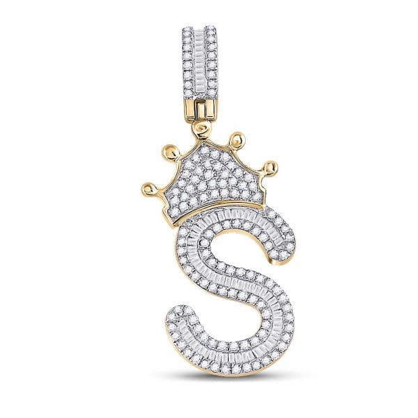 10kt Yellow Gold His Baguette Diamond Crown S Letter Charm Pendant 3/4 Cttw