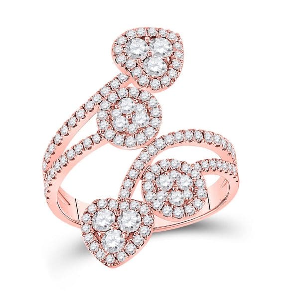 14kt Rose Gold  Round Diamond Bypass Cluster Heart Ring 1-1/4 Cttw