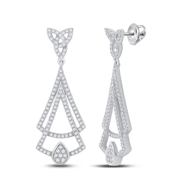 14kt White Gold  Round Diamond Triangle Dangle Earrings 3/4 Cttw