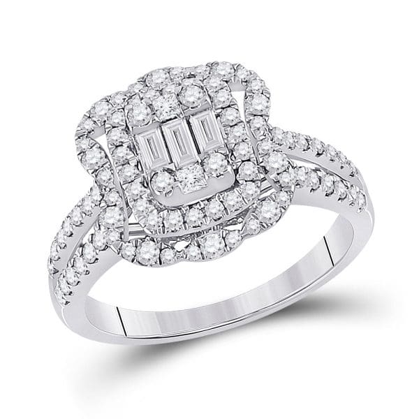 14kt White Gold  Baguette Diamond Cluster Ring 1 Cttw