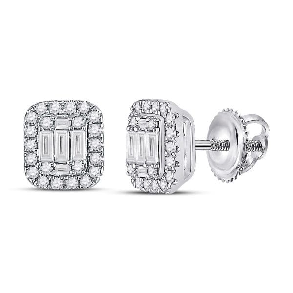 14kt White Gold  Baguette Diamond Cluster Earrings 7/8 Cttw