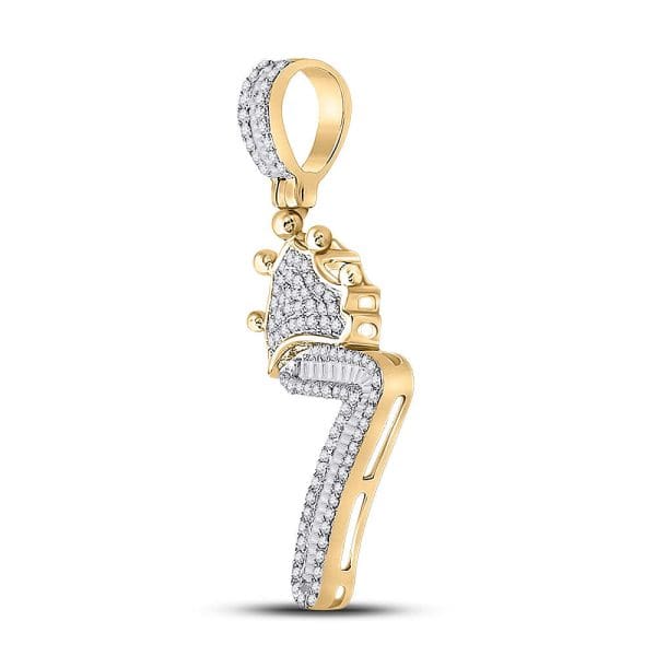 10kt Yellow Gold His Baguette Diamond Number 7 Crown Charm Pendant 5/8 Cttw - Image 2