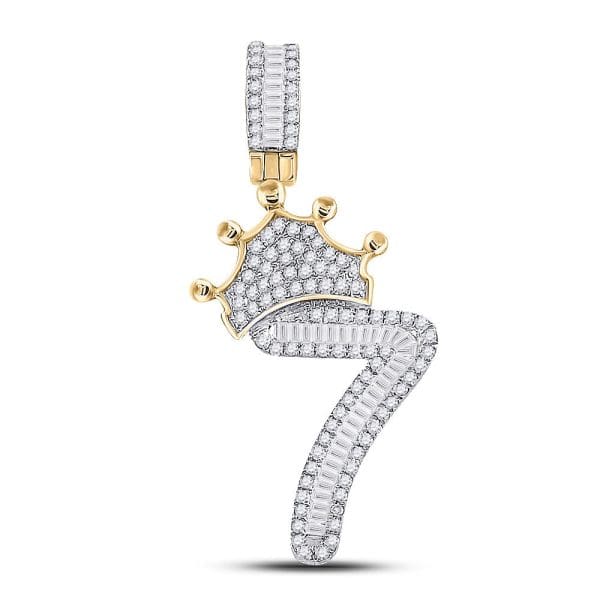 10kt Yellow Gold His Baguette Diamond Number 7 Crown Charm Pendant 5/8 Cttw