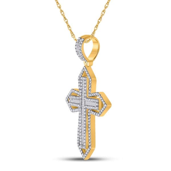 14kt Yellow Gold His Baguette Diamond Cross Charm Pendant 7/8 Cttw - Image 2