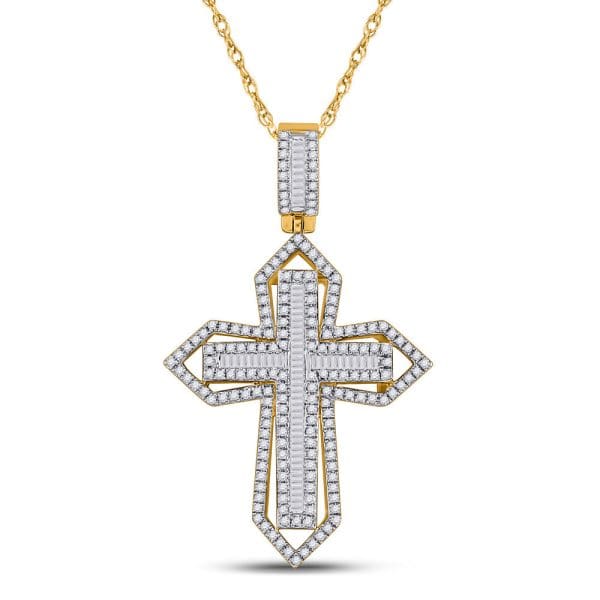 14kt Yellow Gold His Baguette Diamond Cross Charm Pendant 7/8 Cttw