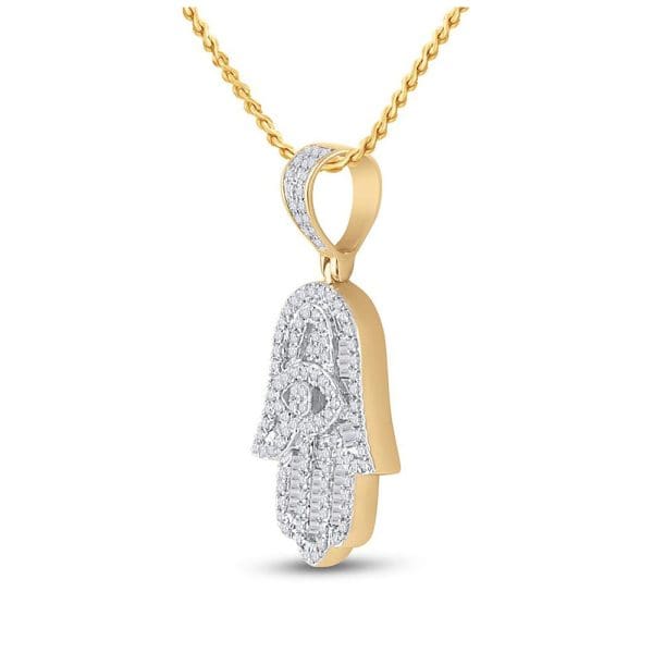 Baguette Diamond Hamsa Hand Charm Pendant - 14kt Yellow Gold - Image 2