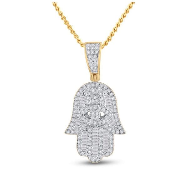 Baguette Diamond Hamsa Hand Charm Pendant - 14kt Yellow Gold