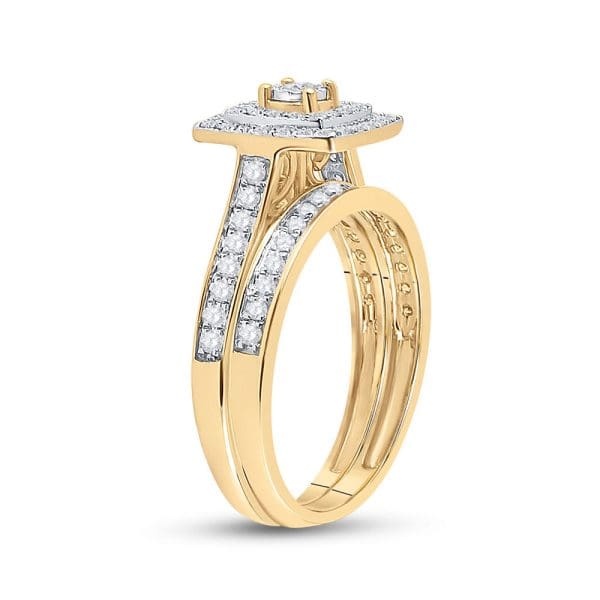 10kt Yellow Gold Round Diamond Halo Bridal Wedding Ring Band Set 1/2 Cttw - Image 5