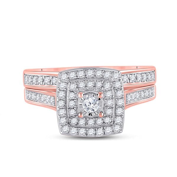 10kt Rose Gold Round Diamond Halo Bridal Wedding Ring Band Set 1/2 Cttw - Image 6