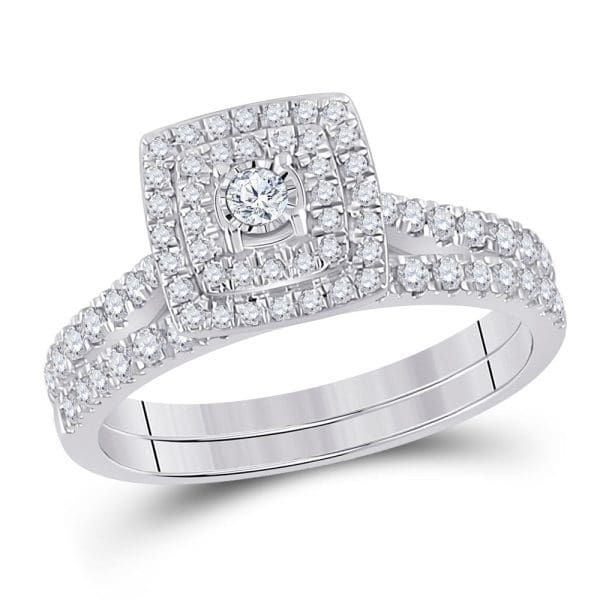 10kt White Gold Round Diamond Halo Bridal Wedding Ring Band Set 1/2 Cttw