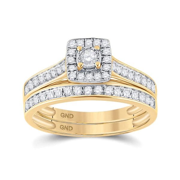 10kt Yellow Gold Round Diamond Halo Bridal Wedding Ring Band Set 1/2 Cttw