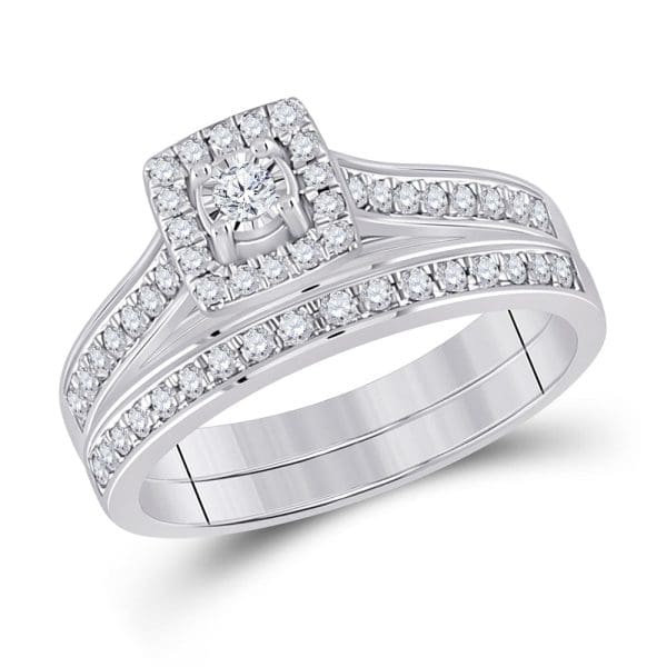 10kt White Gold Round Diamond Halo Bridal Wedding Ring Band Set 1/2 Cttw