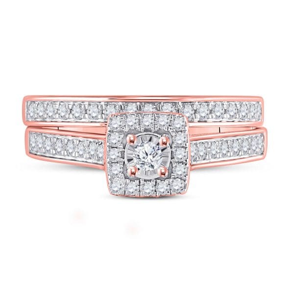10kt Rose Gold Round Diamond Halo Bridal Wedding Ring Band Set 1/2 Cttw - Image 2
