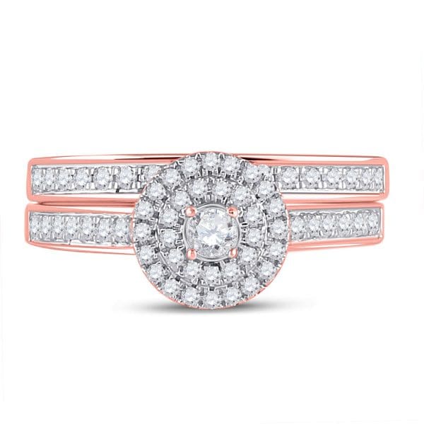 10kt Rose Gold Round Diamond Halo Bridal Wedding Ring Band Set 1/2 Cttw - Image 2