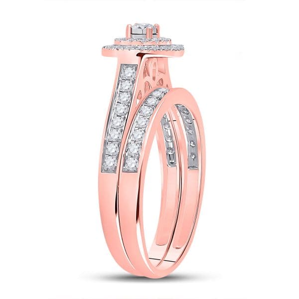 10kt Rose Gold Round Diamond Halo Bridal Wedding Ring Band Set 1/2 Cttw - Image 3