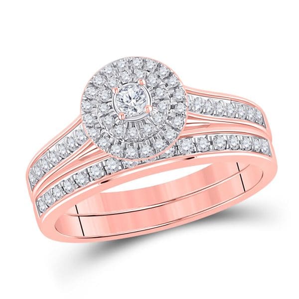 10kt Rose Gold Round Diamond Halo Bridal Wedding Ring Band Set 1/2 Cttw
