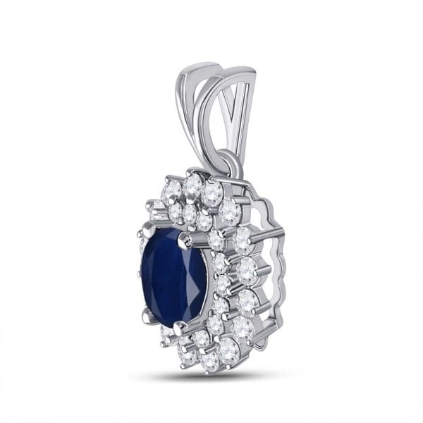 Oval Blue Sapphire Diamond Halo Pendant - 14K White Gold - Diamond Halo Pendant - Image 2