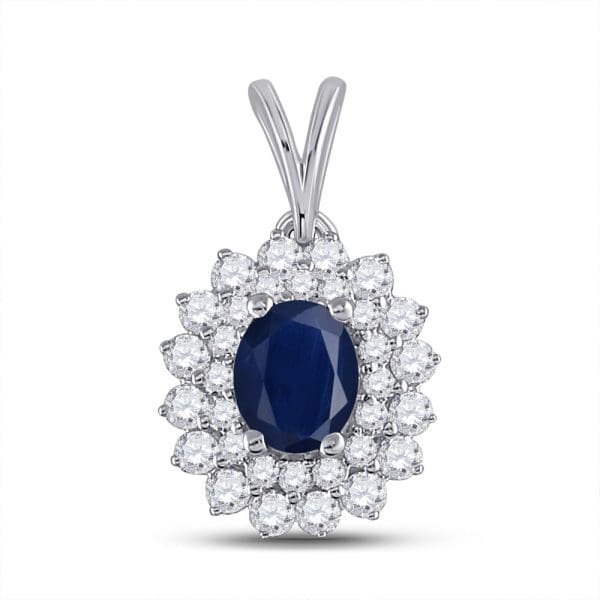 Oval Blue Sapphire Diamond Halo Pendant - 14K White Gold - Diamond Halo Pendant