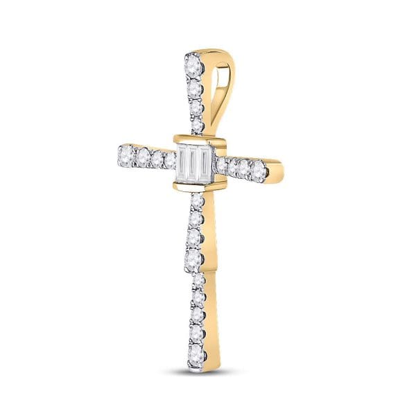 14kt Yellow Gold  Baguette Round Diamond Cross Pendant 5/8 Cttw - Image 2