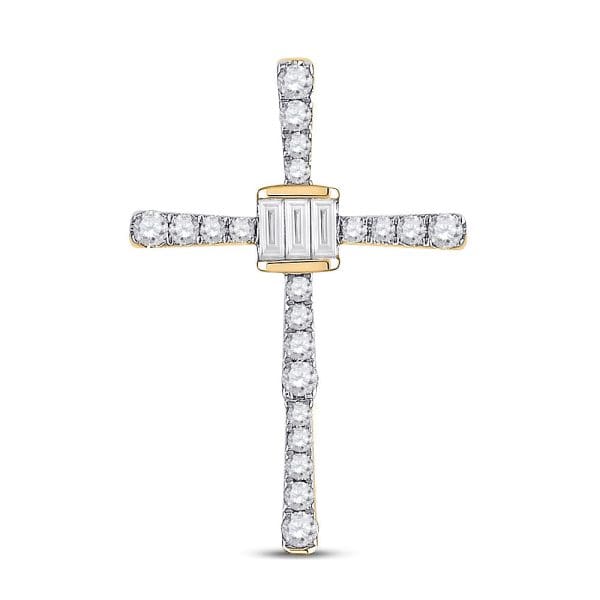 14kt Yellow Gold  Baguette Round Diamond Cross Pendant 5/8 Cttw