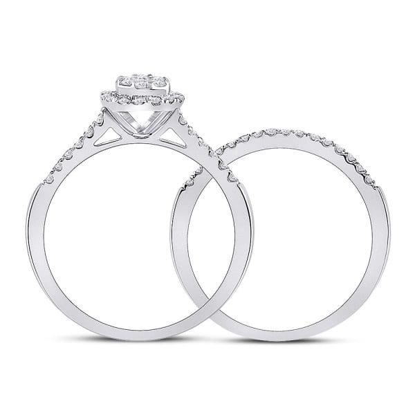 14kt White Gold Round Diamond Cluster Bridal Wedding Ring Band Set 1/2 Cttw - Image 2