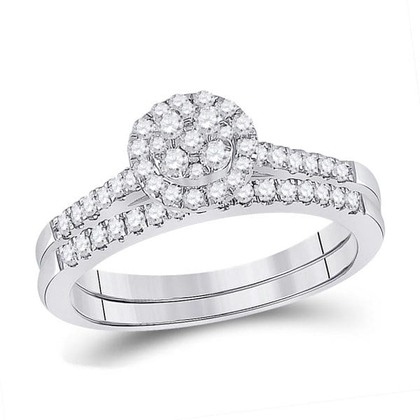 14kt White Gold Round Diamond Cluster Bridal Wedding Ring Band Set 1/2 Cttw