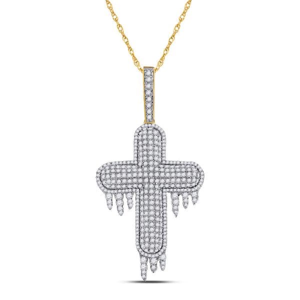 10kt Yellow Gold His Round Diamond Dripping Cross Charm Pendant 2 Cttw