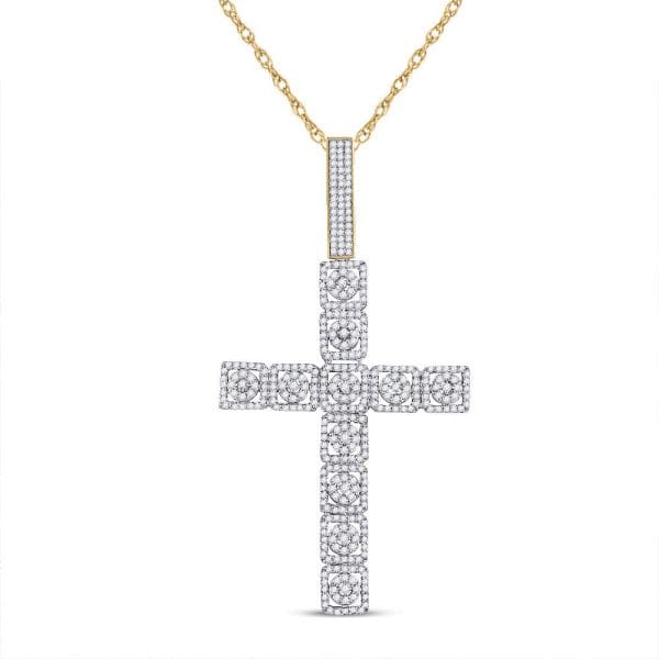 10kt Yellow Gold His Round Diamond Cross Charm Pendant 1-1/5 Cttw