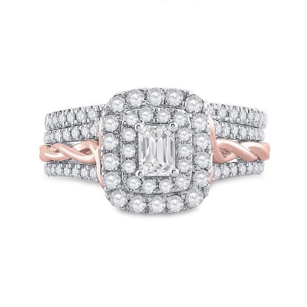 14kt Two-tone Gold Emerald Diamond Bridal Wedding Ring Band Set 1 Cttw - Image 2