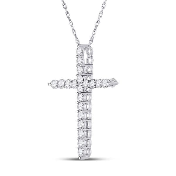 14kt White Gold  Round Diamond Cross Pendant 1 Cttw - Image 2