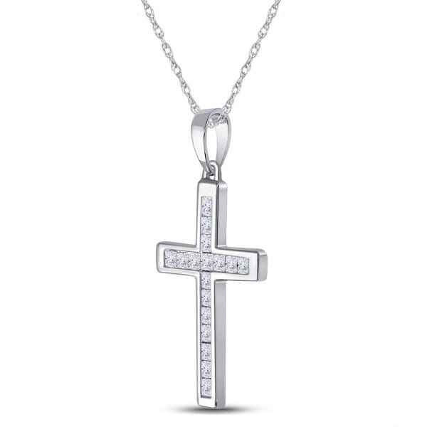 10kt White Gold  Princess Diamond Cross Pendant 1/3 Cttw - Image 2