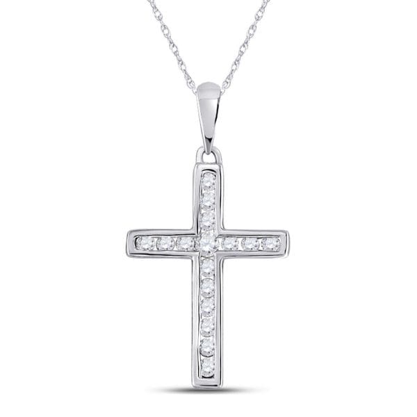 10kt White Gold  Round Diamond Cross Pendant 1/4 Cttw