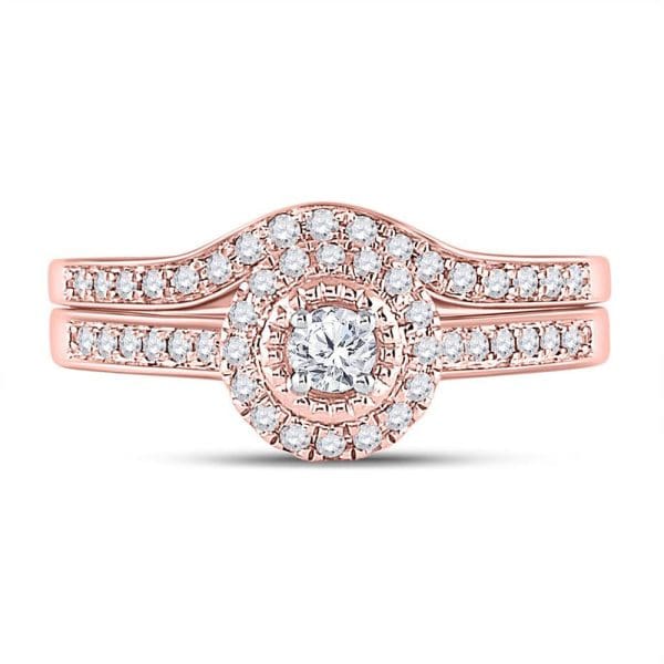 10kt Rose Gold Round Diamond Halo Bridal Wedding Ring Band Set 1/3 Cttw - Image 2